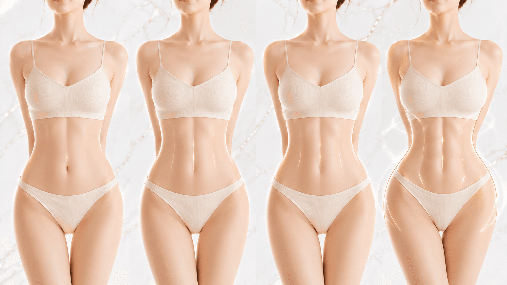 مقارنة بحسب شدّة خط عضلات البطن — رسم من أربع مراحل: Soft Center Line / Natural 11-Line / High-Definition / 360 S-Line