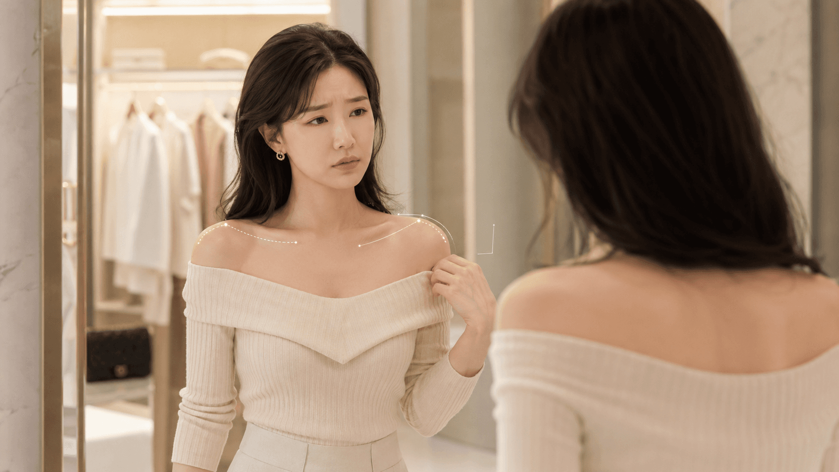 The shoulder-to-arm line connection in sleeveless and off-shoulder fits