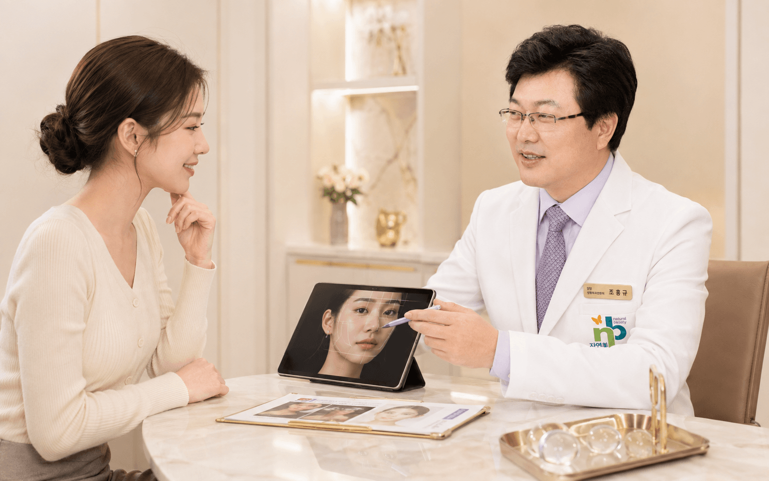 A doctor in a white coat pointing to a facial analysis on a tablet while explaining it to a visitor