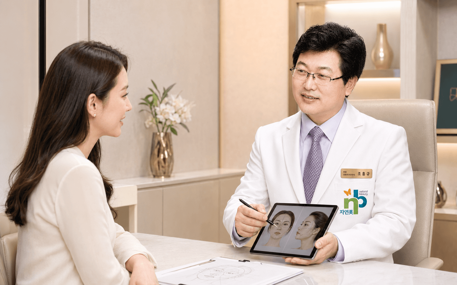 A doctor in a white coat sitting across from a visitor, showing a facial analysis on a tablet