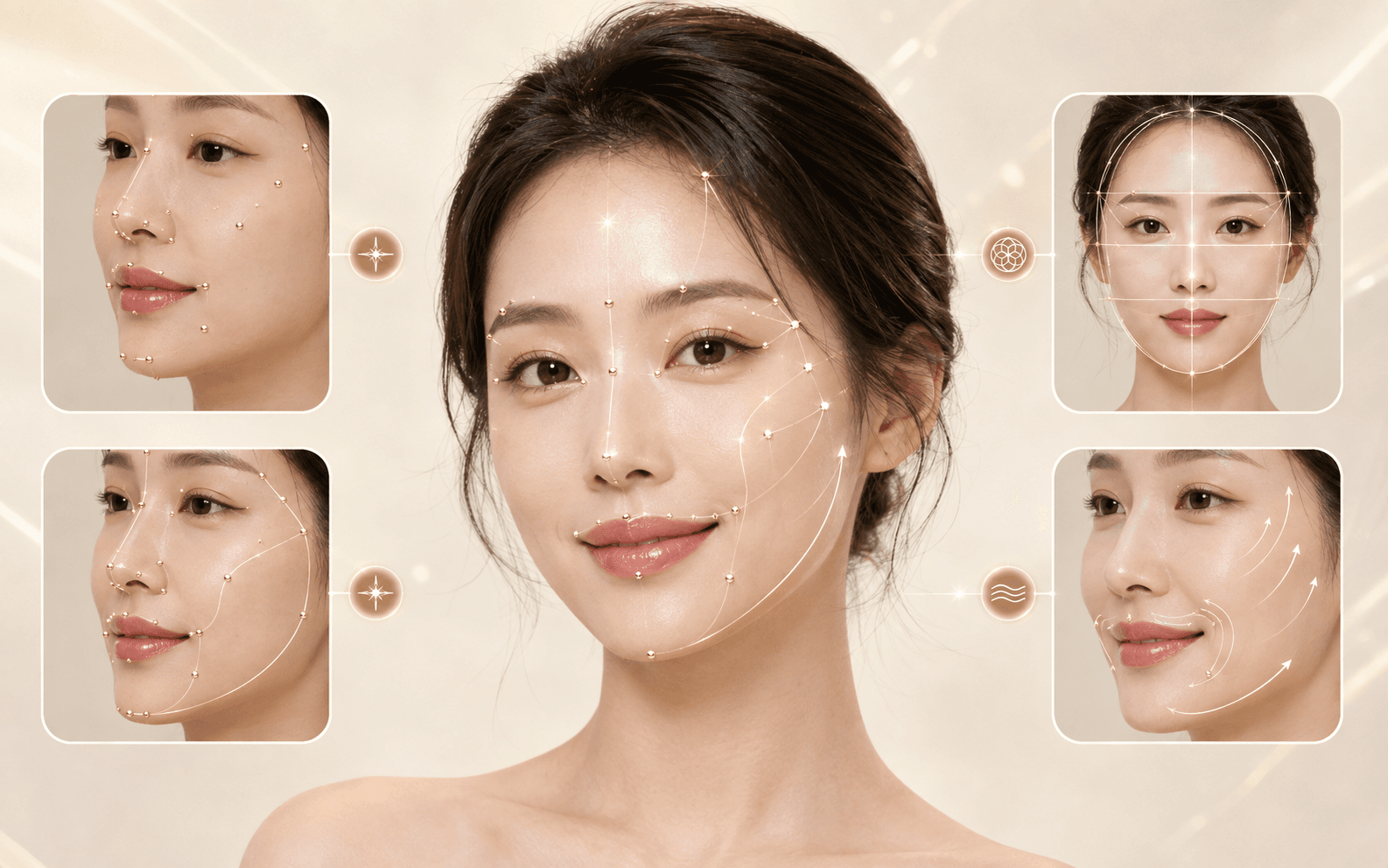 얼굴에 설계선이 표시된 사진과, 옆선·중안부·입술·아래턱 네 영역을 각각 나눠 보여 주는 네 장의 작은 사진