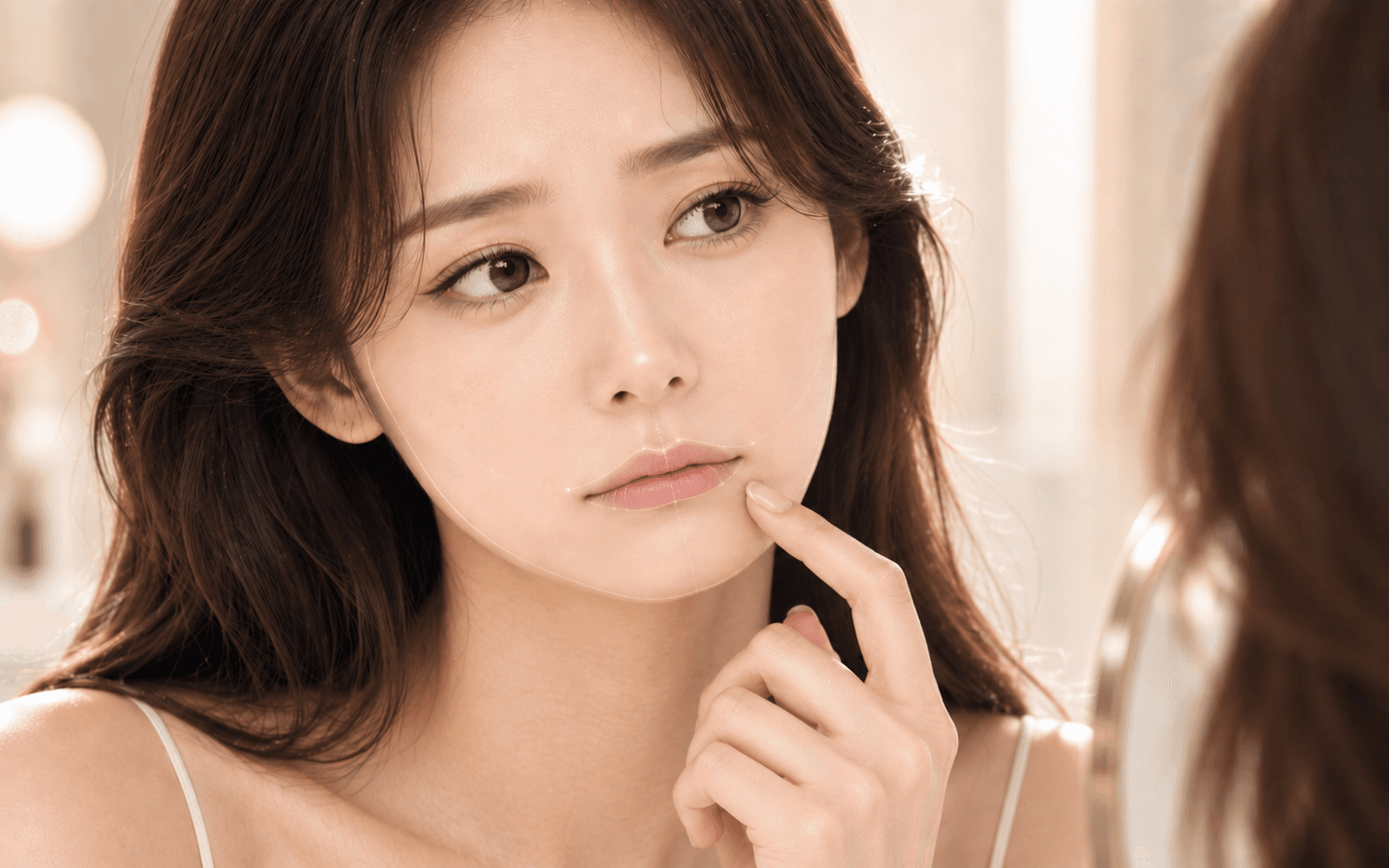 거울을 보며 손끝으로 자신의 입술을 살펴보는 여성