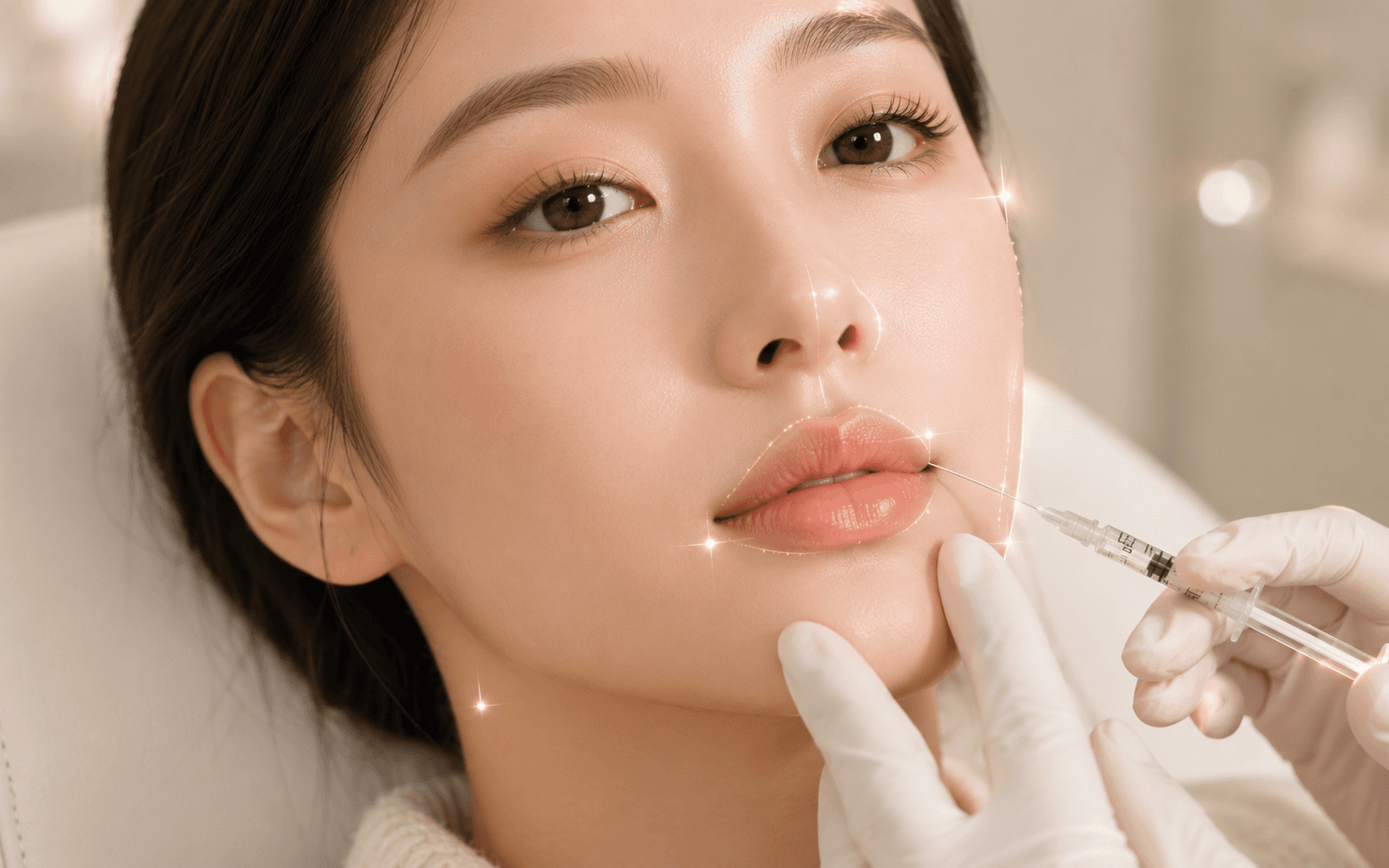 의료진이 내원객의 입술 부위에 주사기를 대고 시술하는 모습
