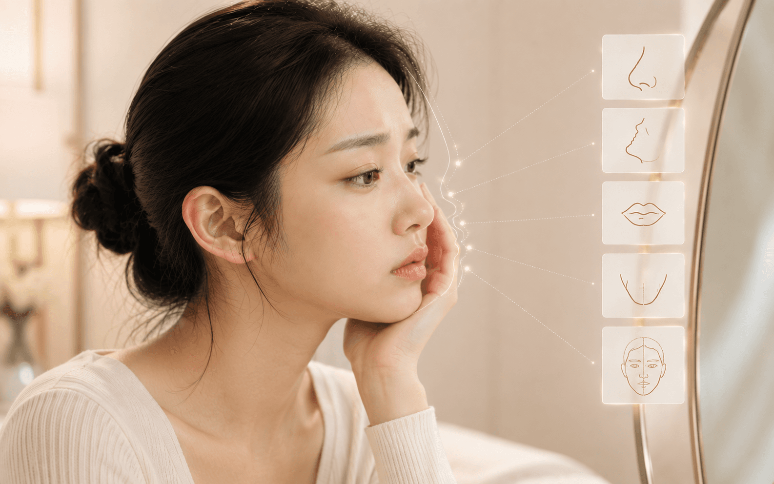A woman studying her own profile in a mirror, one hand resting at her jaw