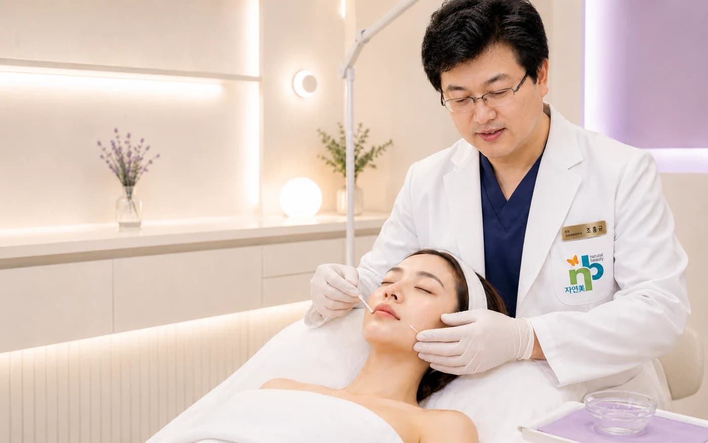 A clinician applying peel solution to a patient's face in an NB Plastic Surgery treatment room