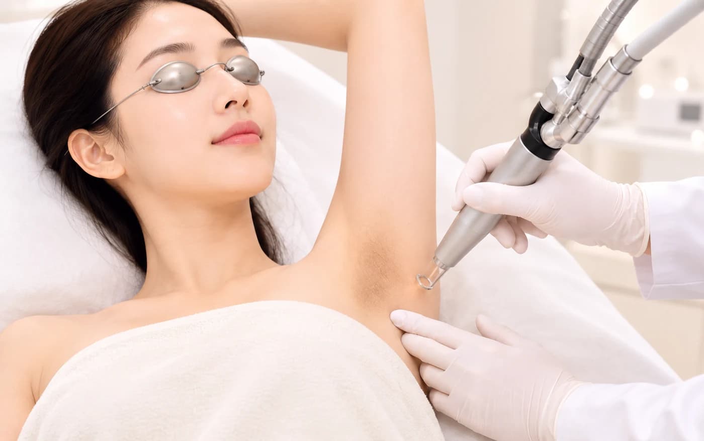Laser toning being applied to the underarm with the patient wearing eye shields