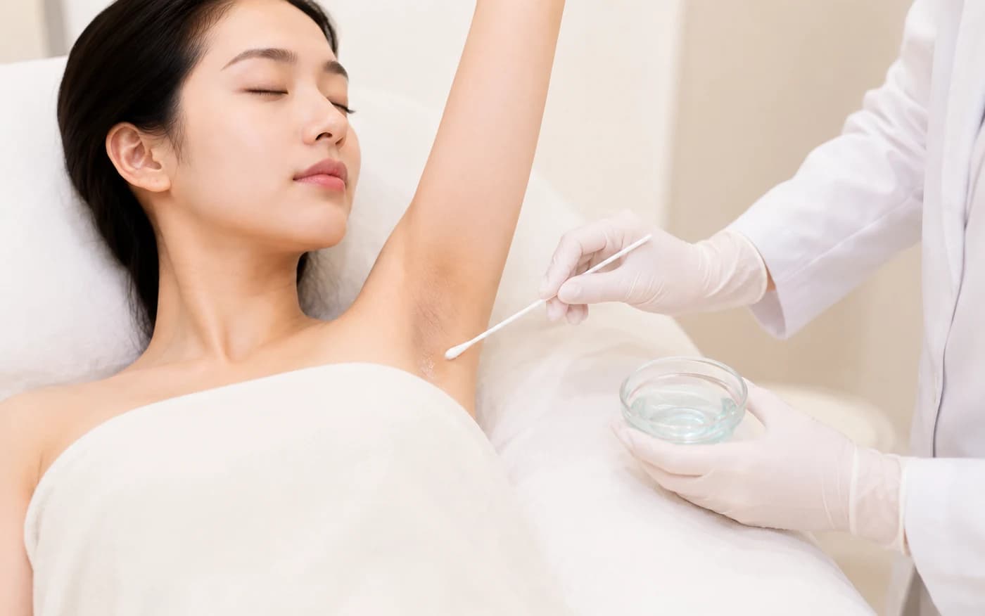 Peel solution being applied to the underarm with the patient draped