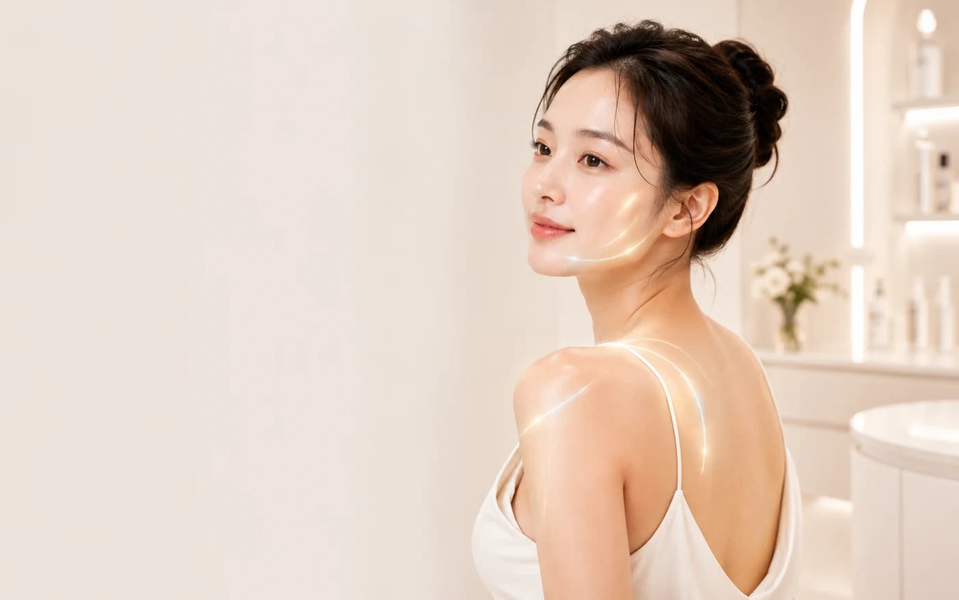 Light tracing the jawline and shoulder of a woman — tone care running from face to body