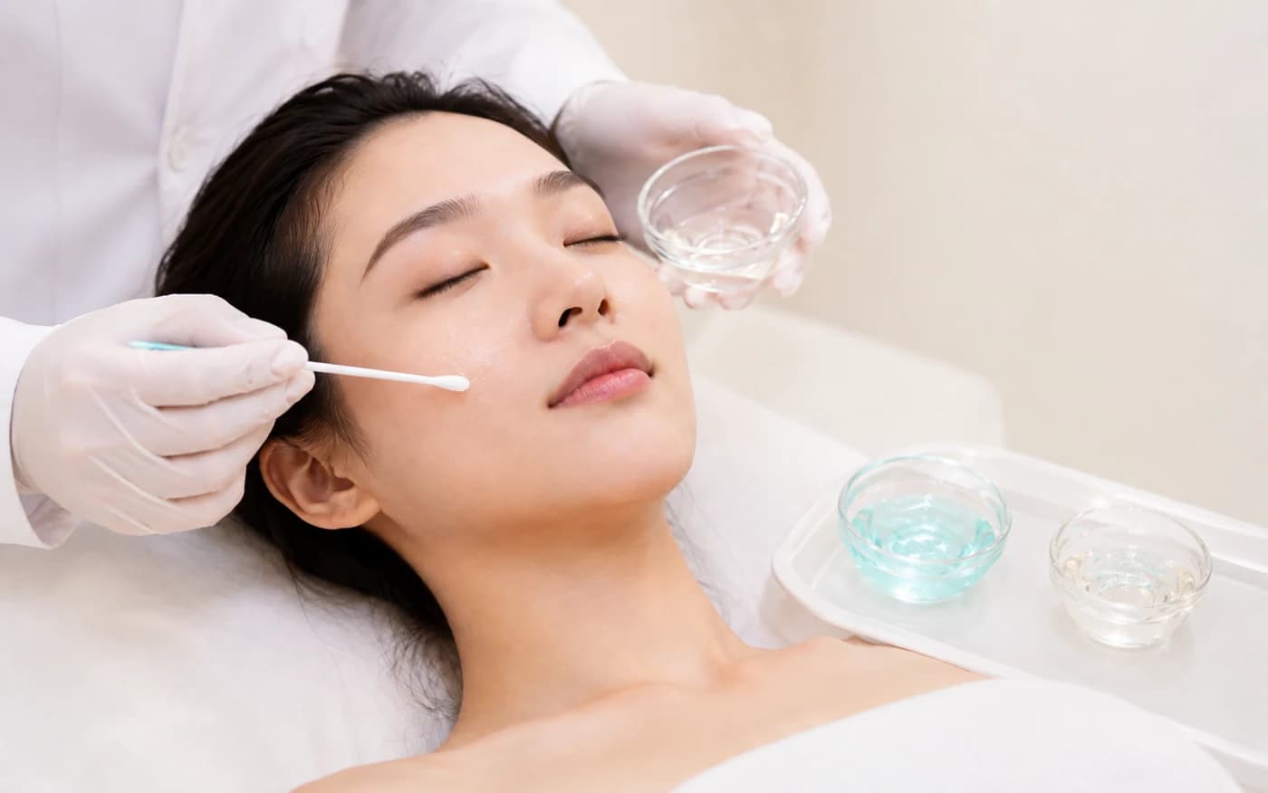 Gloved hands applying peel solution to the face with a cotton swab