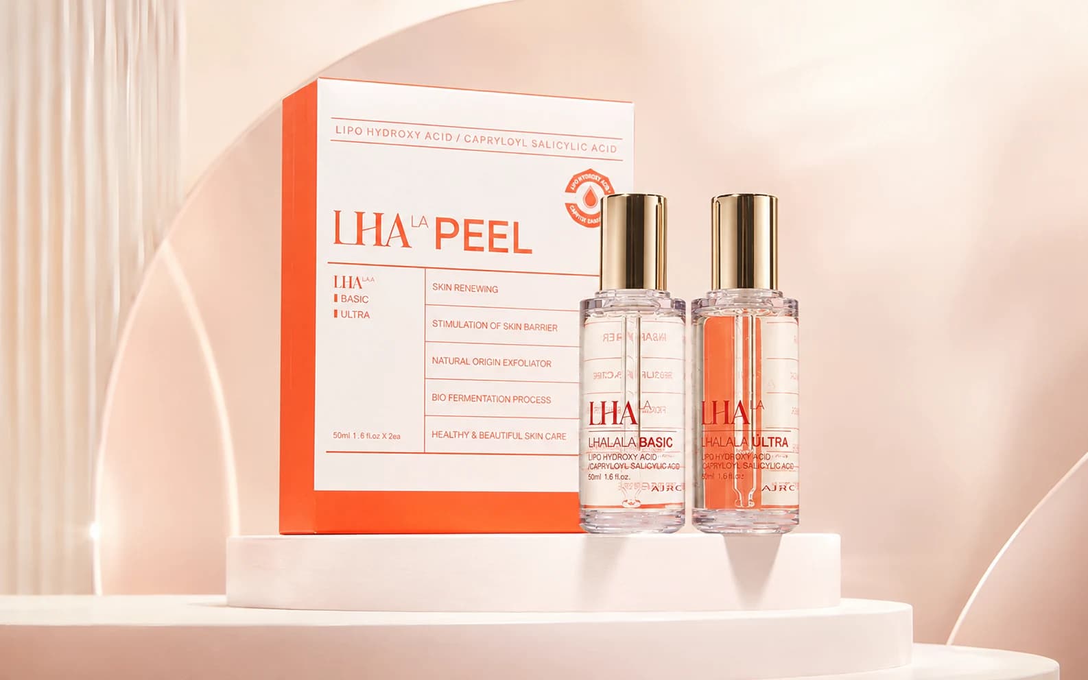The actual LHALA Peel product — the LHA LA PEEL box with the BASIC and ULTRA ampoules