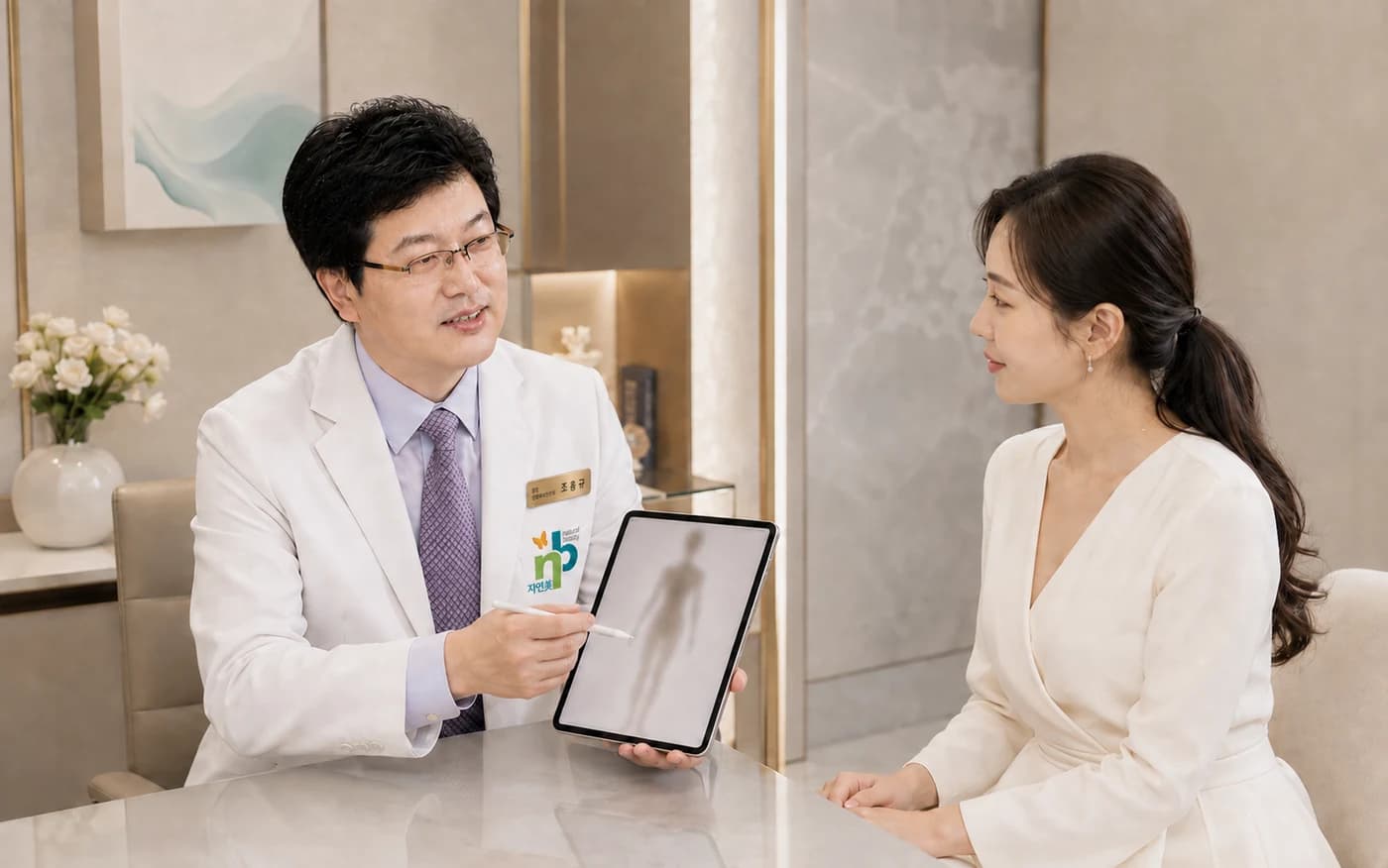 A private one-to-one consultation with the patient fully clothed, areas explained on a tablet