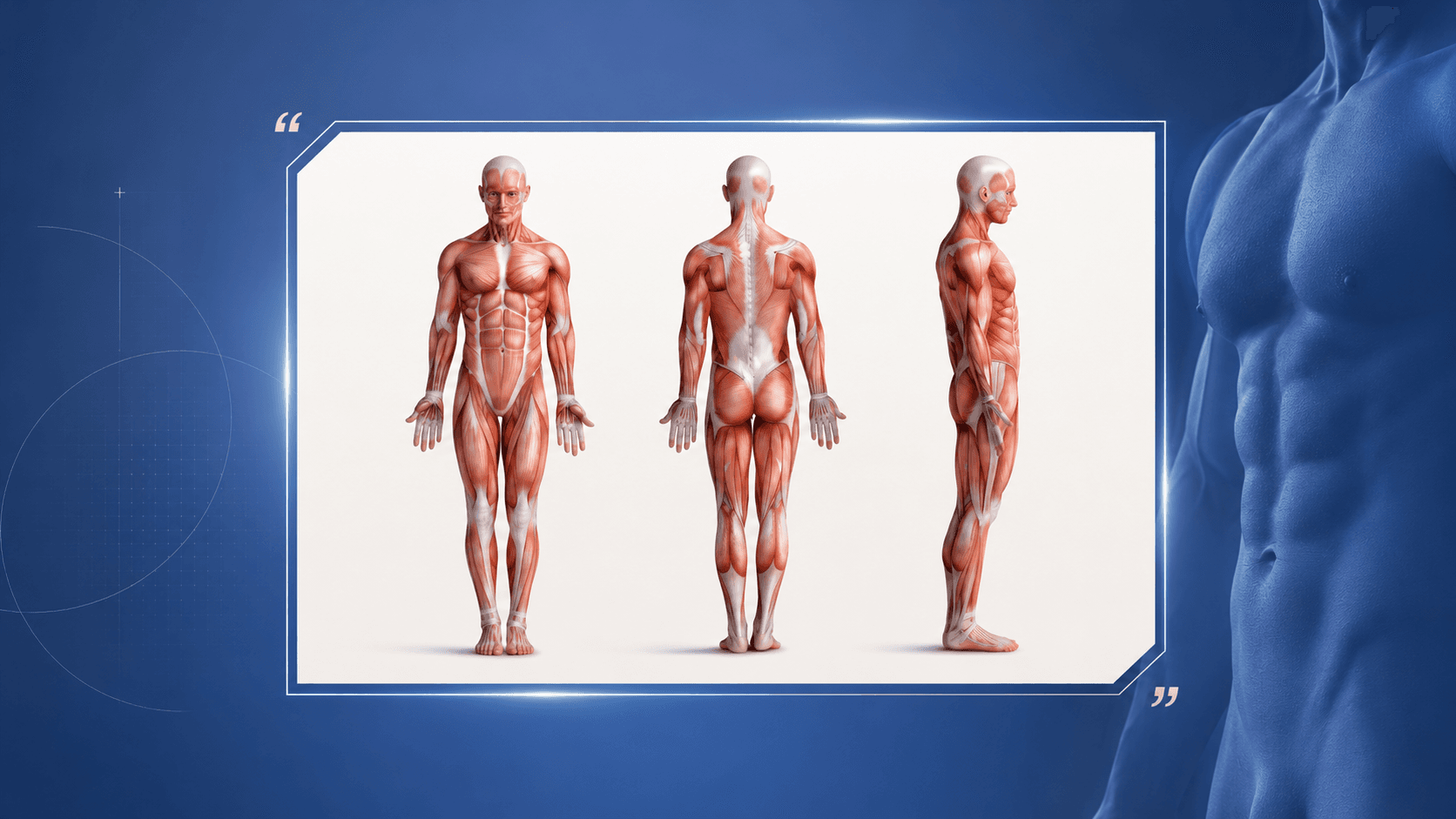 Male full-body muscle anatomy — front, back and side muscle structure
