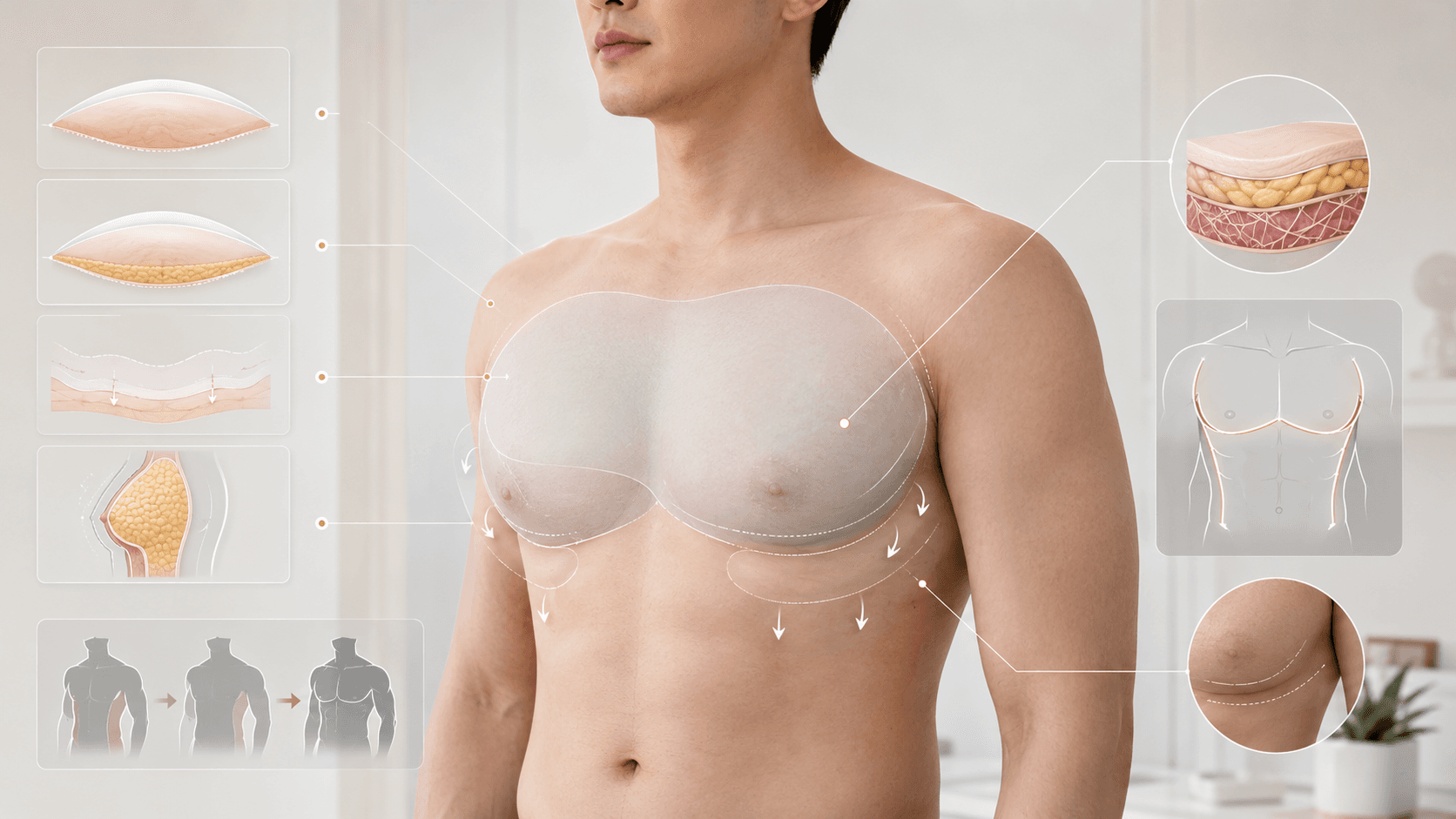 High-definition gynecomastia composite analysis map infographic — fat layer, glandular tissue, skin, nipple-areola complex, lower border of the pectoralis