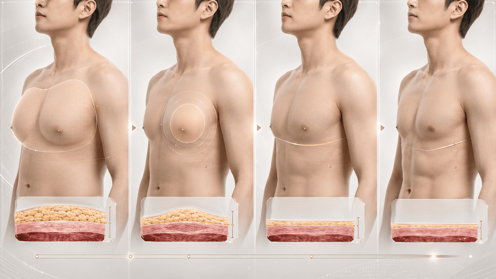 Gynecomastia assessment infographic reading nipple-areola position and skin elasticity together