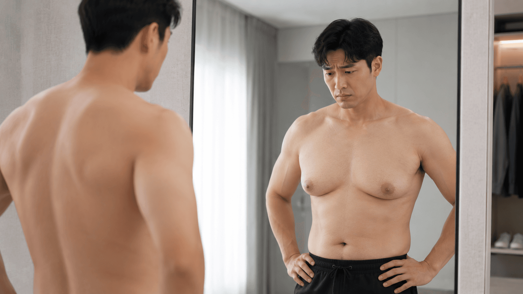 A gynecomastia concern that shows even in a short-sleeve T-shirt