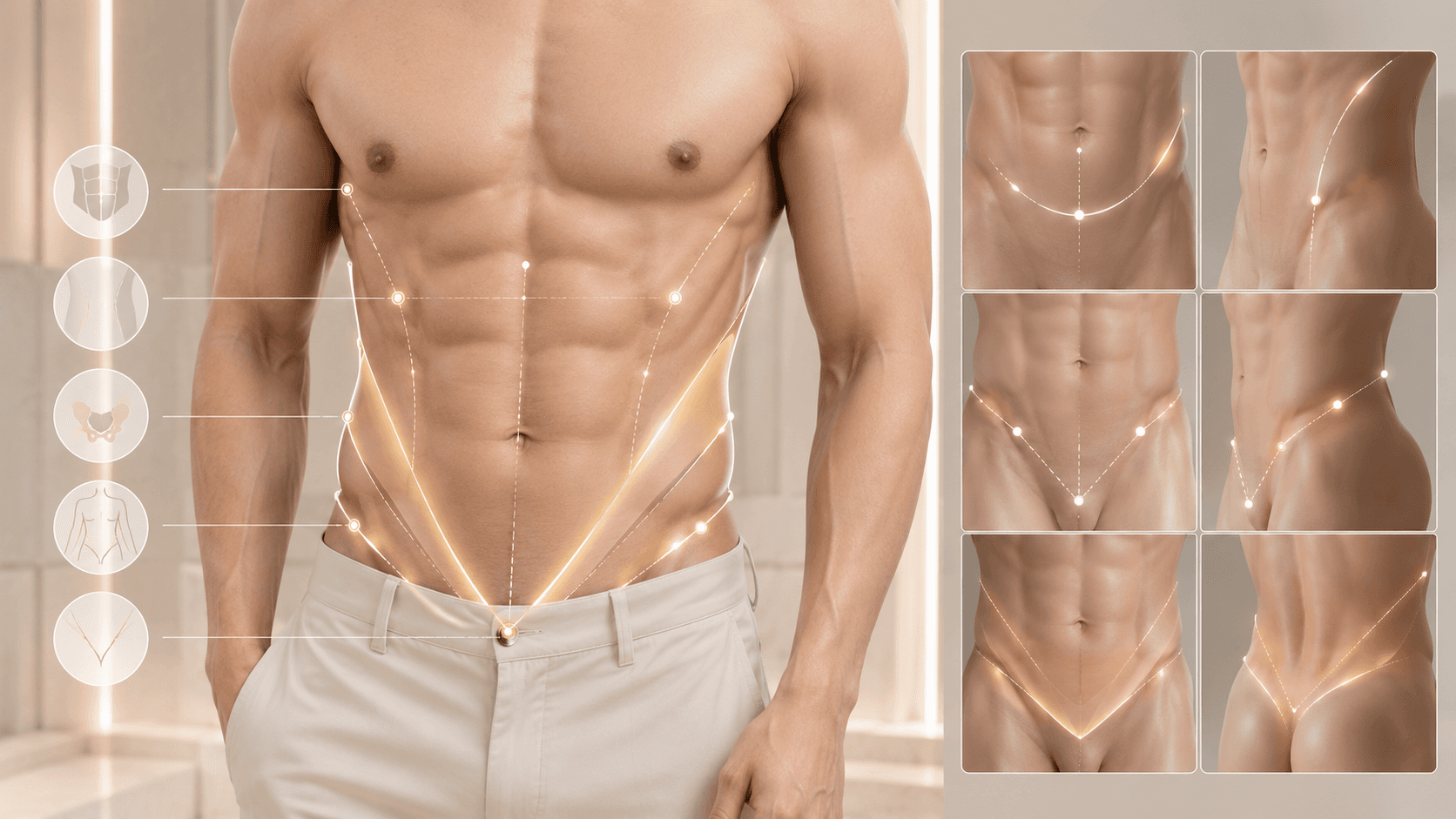 Infographic of the male lower abdomen explaining the Adonis V-line and the inguinal direction