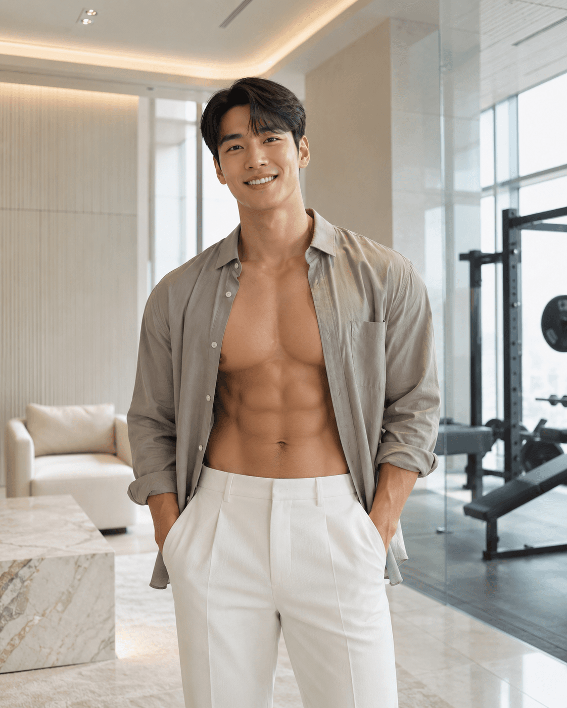 캐주얼 셔츠 위로 드러나는 복근 라인