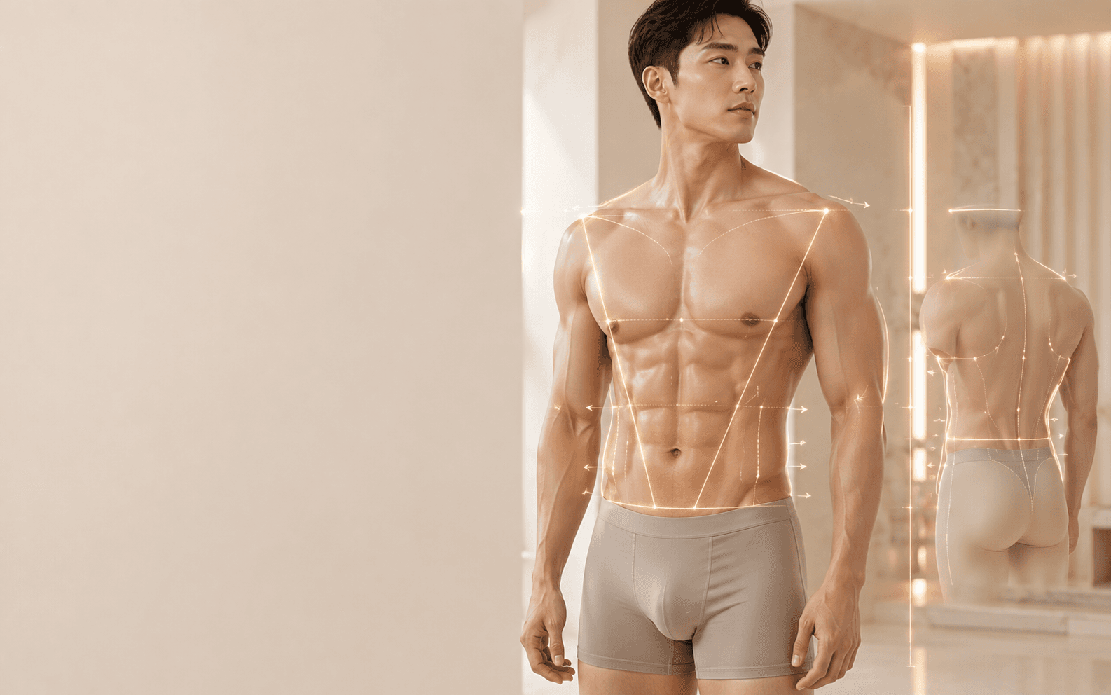 Men’s body design analysis — shoulder, rib cage, abdominal, flank and back lines