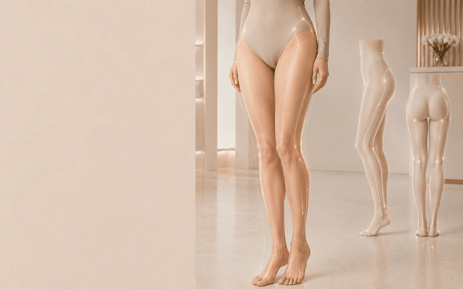 Thigh design analysis — front, inner, outer and back lines, and the junction running down to the knee