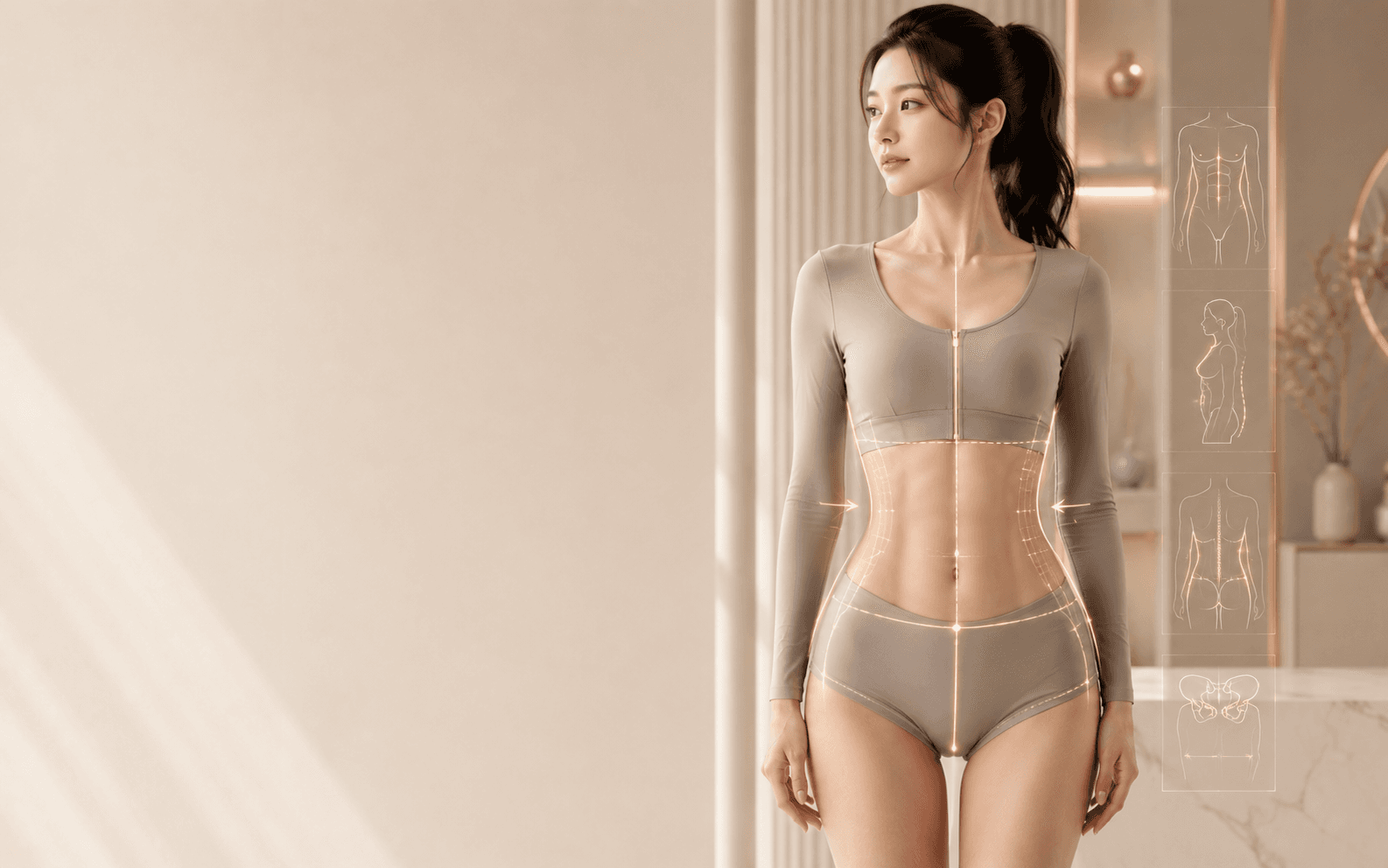 Waist and abdomen design analysis — front and side lines, and the junction running from the waist to the back
