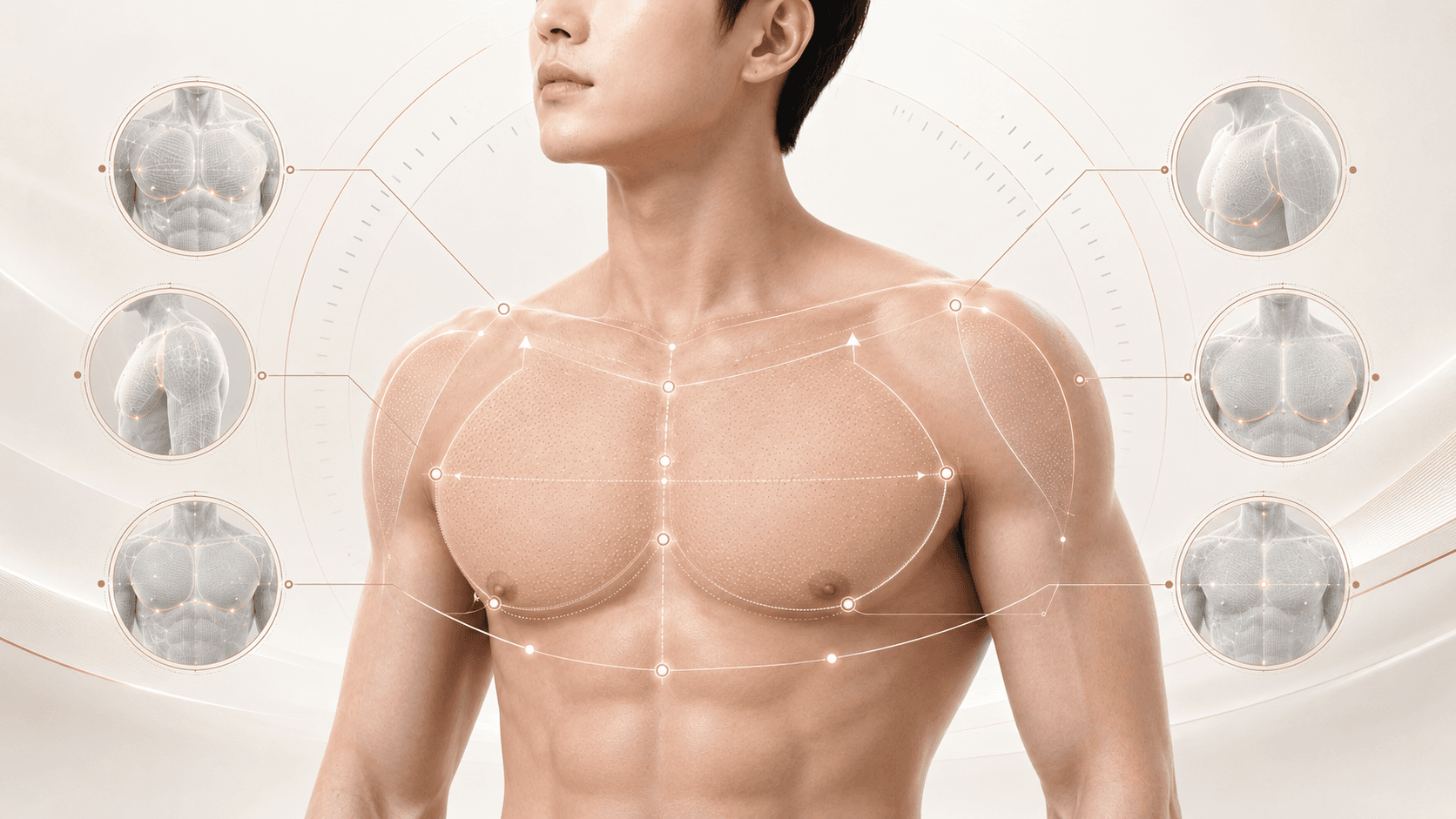Infographic analyzing how the lower and inferolateral pectoral lines change with arm position (down/raised)