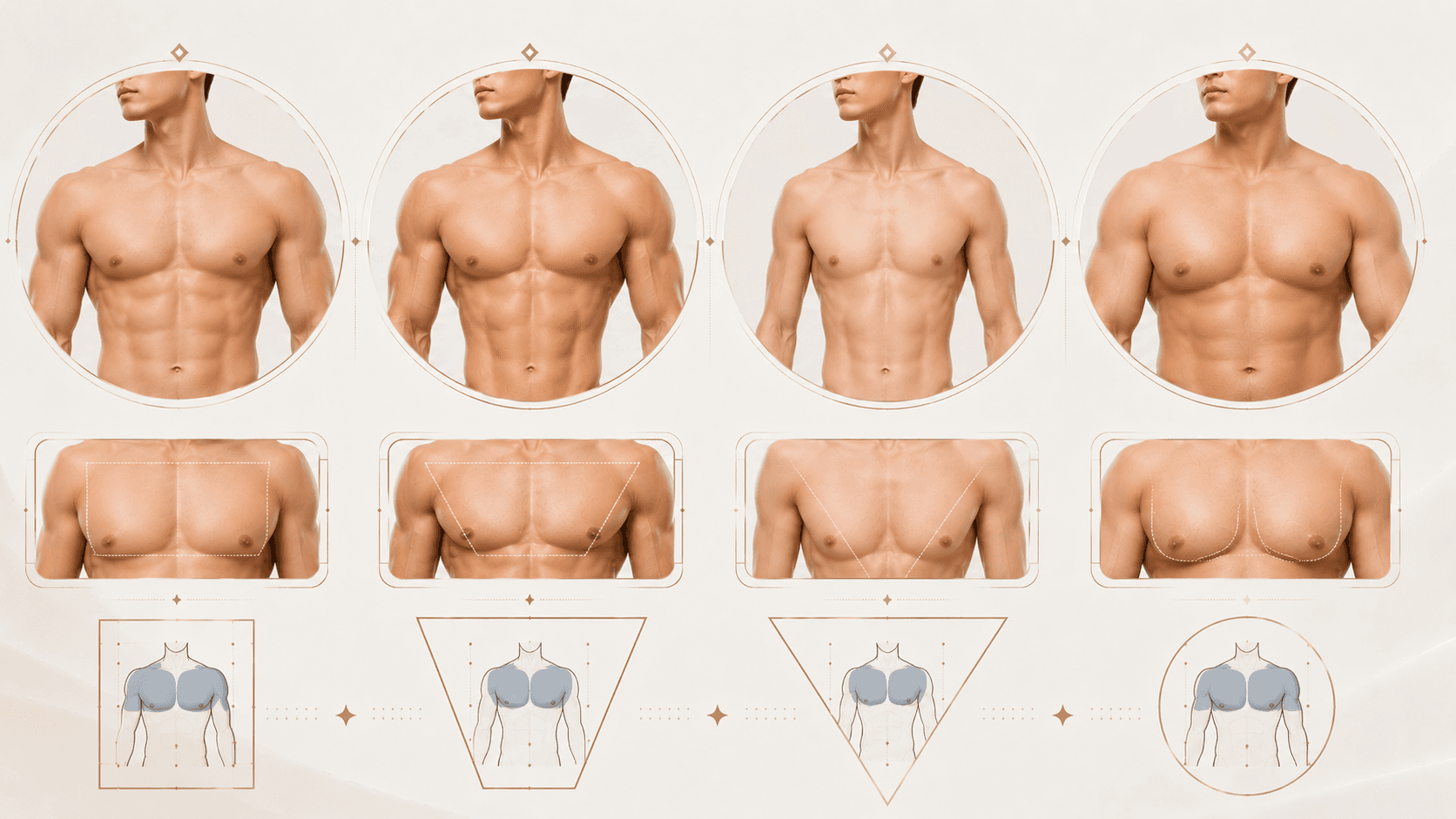 Male chest type classification infographic — linear inferolateral, triangular, inverted trapezoid and round