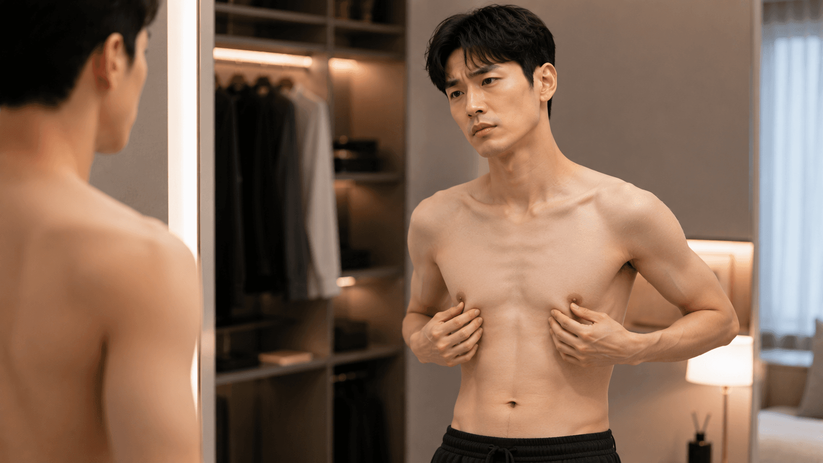 A chest line that stays faint under a shirt