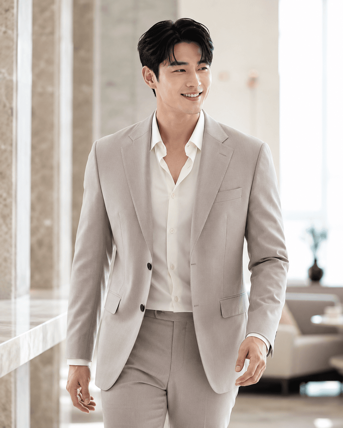 A shoulder line made crisp beneath a jacket
