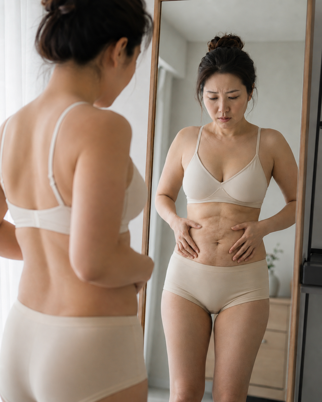 거울 앞에서 복부 유착을 점검하는 여성 — 지방흡입 후 라인 고민