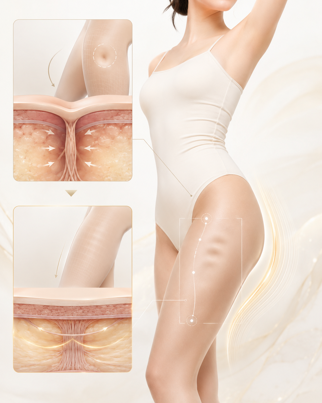 A conceptual case visual showing the skin-layer cross-section of adhesion and dents alongside the line-recovery flow (not an actual patient before/after photo)