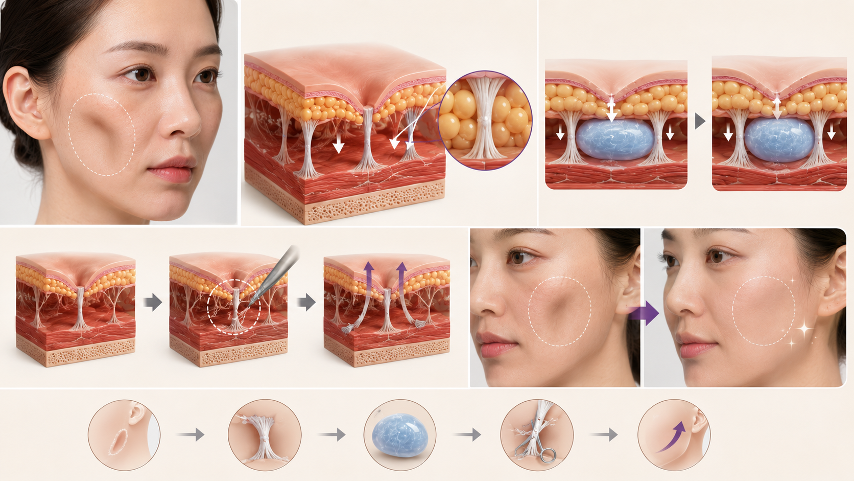 옆볼 패임 교정 과정 인포그래픽 — 당기는 유착 밴드를 박리하고, 눌린 공간을 복원한 뒤, 미세 자가지방으로 필요한 만큼만 보완해 자연스러운 볼 곡선으로 연결하는 단계
