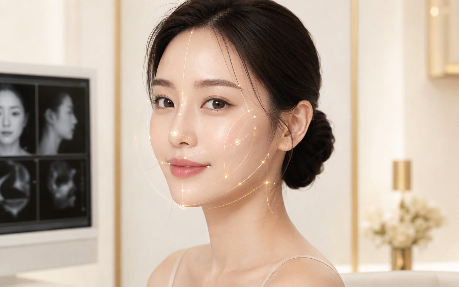 얼굴에 설계 포인트와 연결선이 표시된 여성의 사진과, 뒤편의 분석 화면