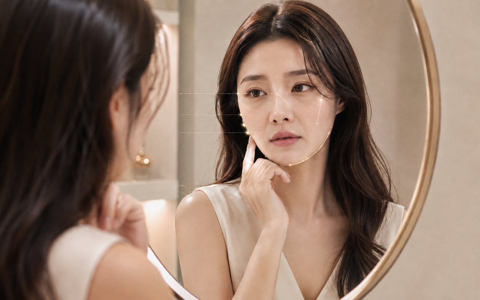 거울 앞에서 손을 턱에 대고 자신의 얼굴을 살펴보는 여성