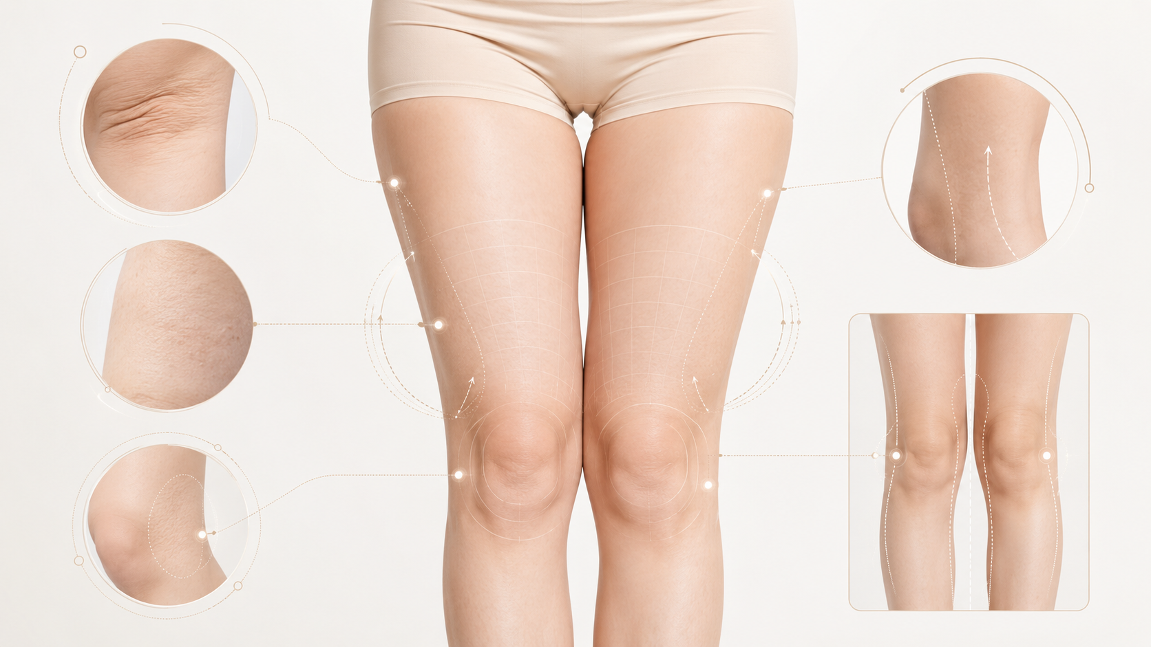 Medical infographic showing how RF energy may stimulate collagen under the skin to support knee-line tightening without patients or medical staff shown