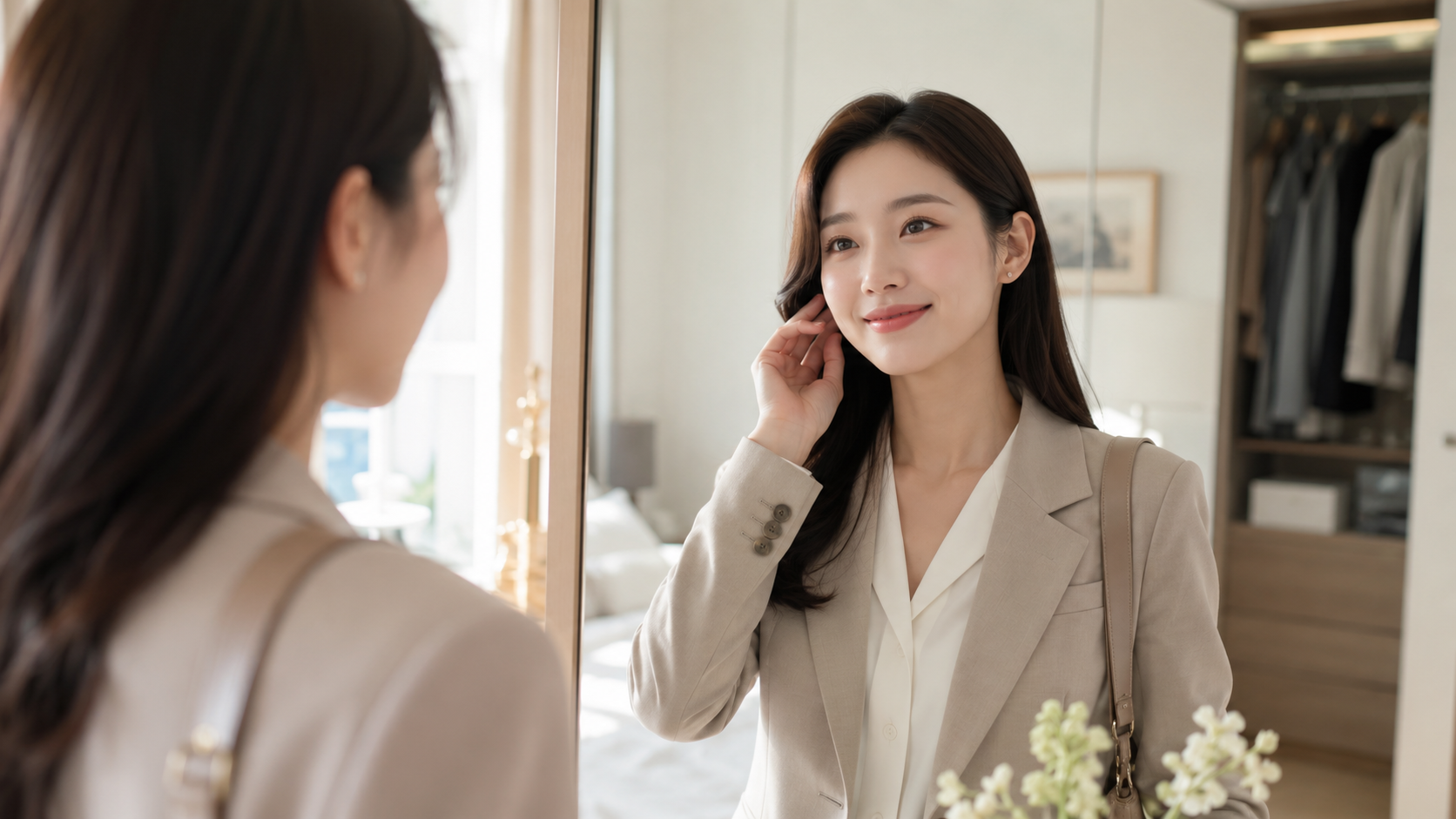회복 후 일상에서 라인을 확인하는 모습 (시술 장면·환자 신체 직접 노출 없음)